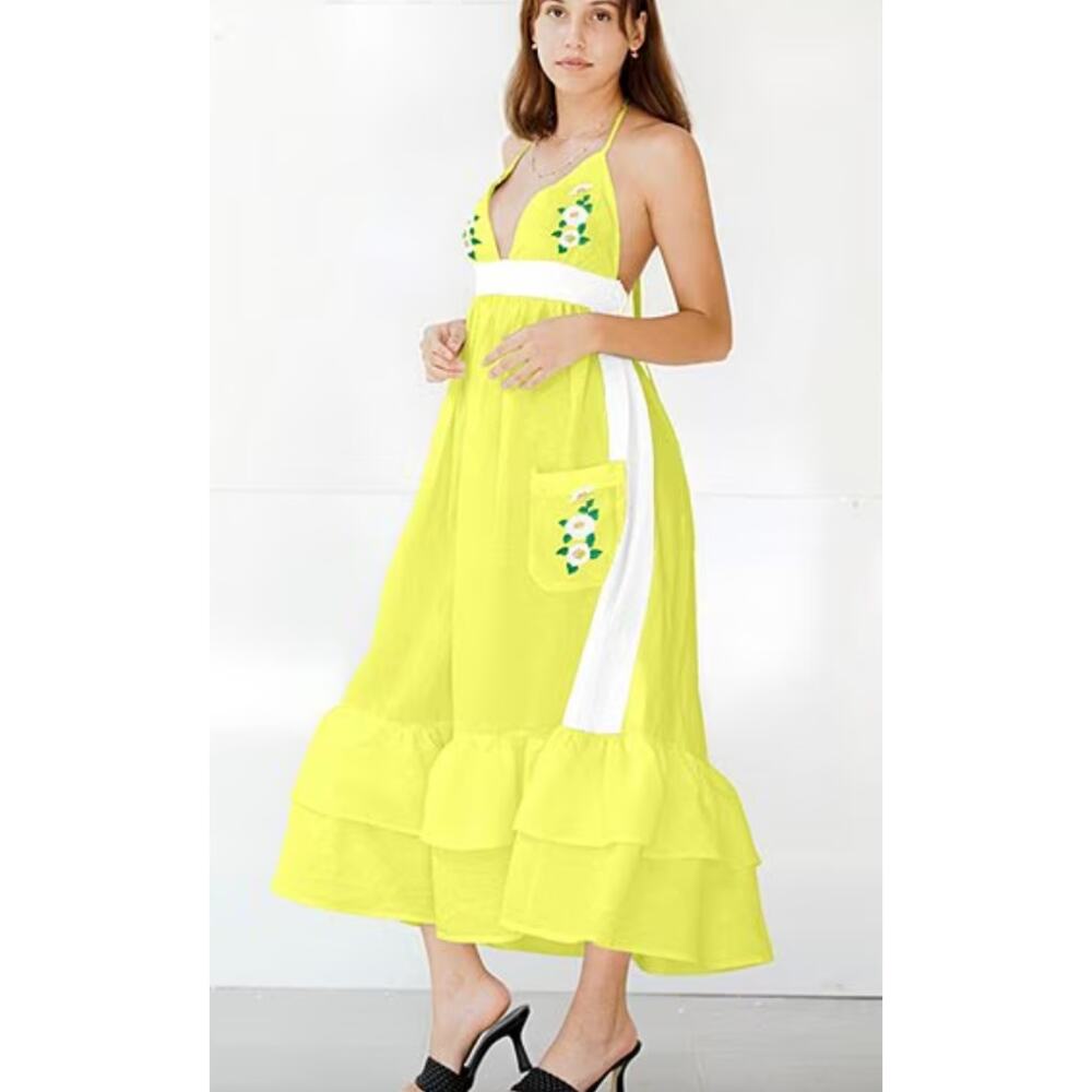 Fanm Mon Yamile Floral Embroidered Halter Linen Midi Dress | S, Yellow NWT $269 - Picture 5 of 8